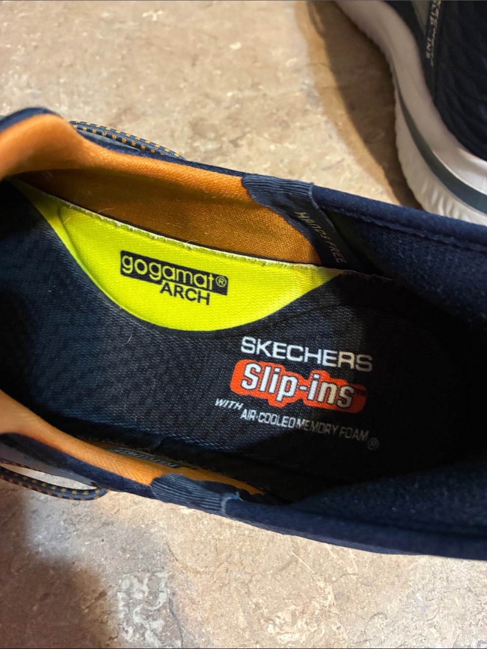 Skechers Men's Size 12 Navy Knit Slip-On Sneakers with Orange Liner - Picture 5 of 11